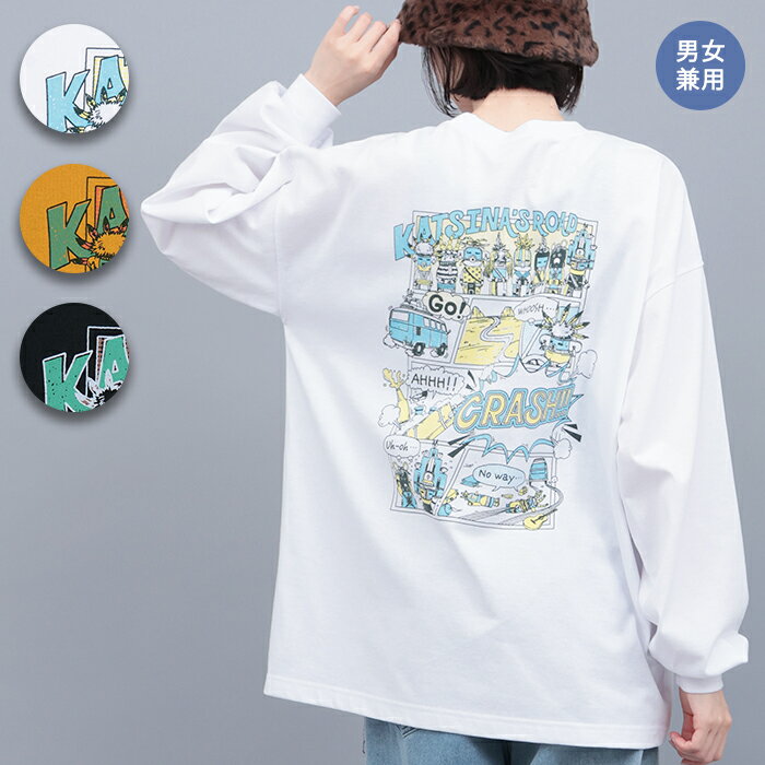 チビカチナコミックプリントロングTシャツ ／トップス カットソー プルオーバー レディース メンズ 男女兼用 春 秋 冬 長袖 クルーネック バックプリント カッチーナ ネイティブアメリカン オーバーサイズ オフホワイト マスタード ブラック エスニック チチカカ TITICACA