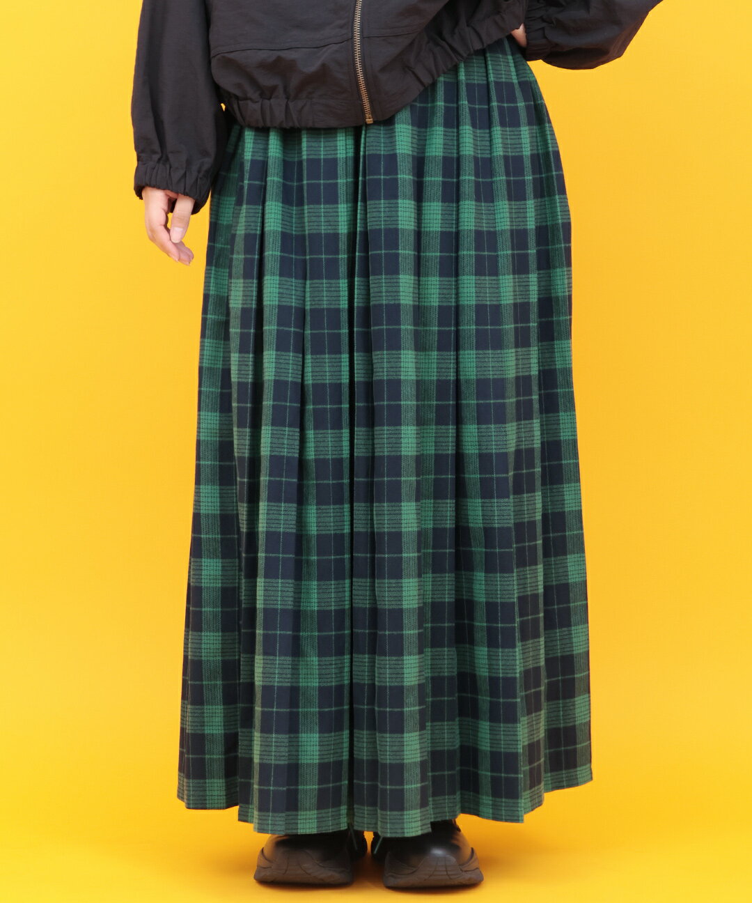 Orale! チェックプリーツロングスカート ／ ロングスカート チェックスカート レディース 秋 冬 ロング丈 定番 ベーシック 軽やか ウエストゴム 大人 カジュアル トラッド 着回し ブラック レッド グリーン アメカジ 古着テイスト エスニック チチカカ TITICACA