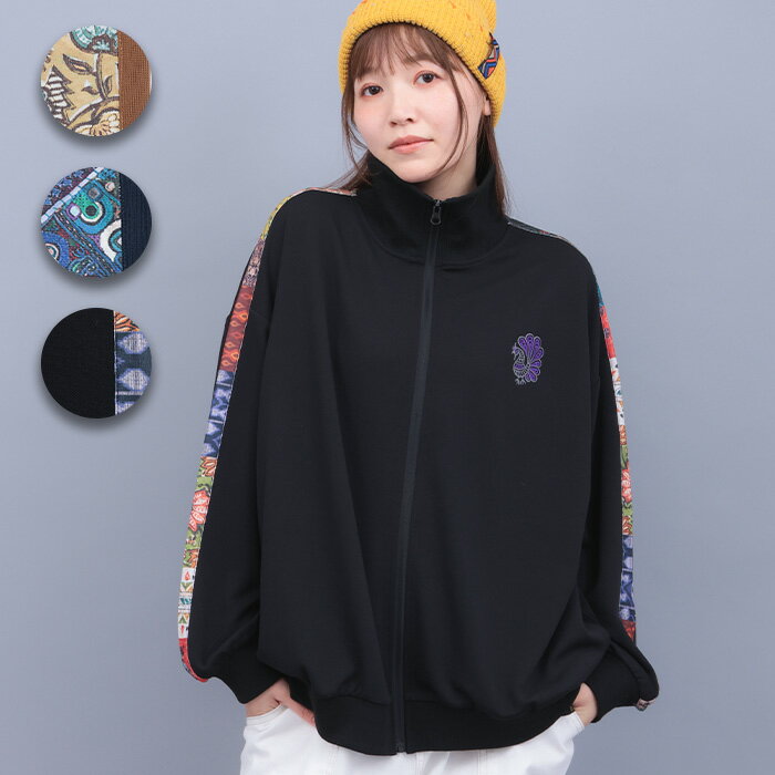 ファブリックプリント&ブラックジャケット ／ コート ジャケット アウター 上着 羽織 ジャンパー レディース 秋 冬 春 ブラック ベージュ ブルー 長袖 刺しゅう 花柄 無地 ジャージ エスニック カジュアル スポーティ スポーツ チチカカ TITICACA