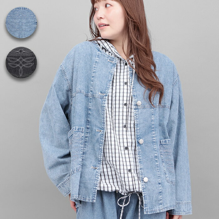 ライトオンスデザインステッチジャケット ／ デニム ジャケット ノーカラー軽アウター アウター 上着 羽織り はおり レディース 春 秋 冬 長袖 ポケット 刺しゅう ライトブルー ブラック Gジャン アメカジ カジュアル エスニック チチカカ TITICACA