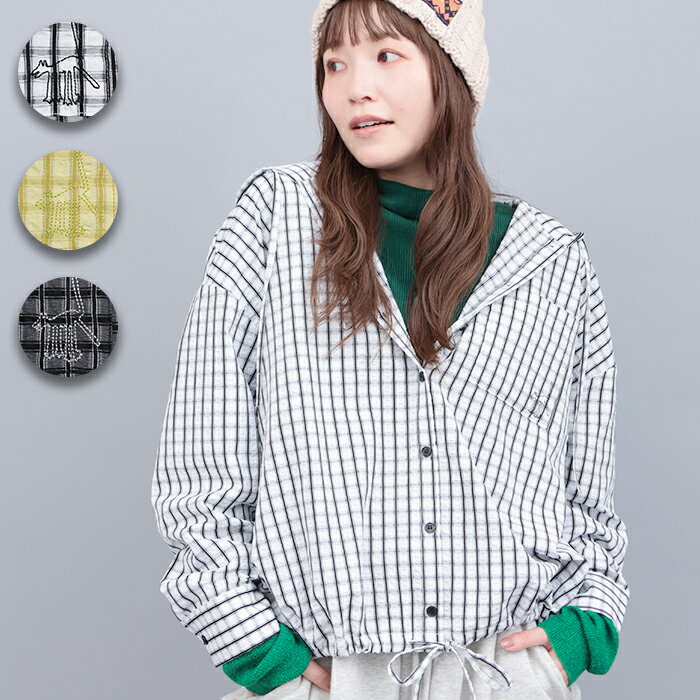 フード付きチェックシャツ ／ チェックシャツ フード パーカー 羽織り シャツ トップス レディース 長袖 ボリューム袖 春 夏 秋 冬 シンプル 透け感 軽やか 爽やか ボタン サッカー生地 ホワイト ブラック グリーン 大人 カジュアル キレイめ エスニック チチカカ TITICCA