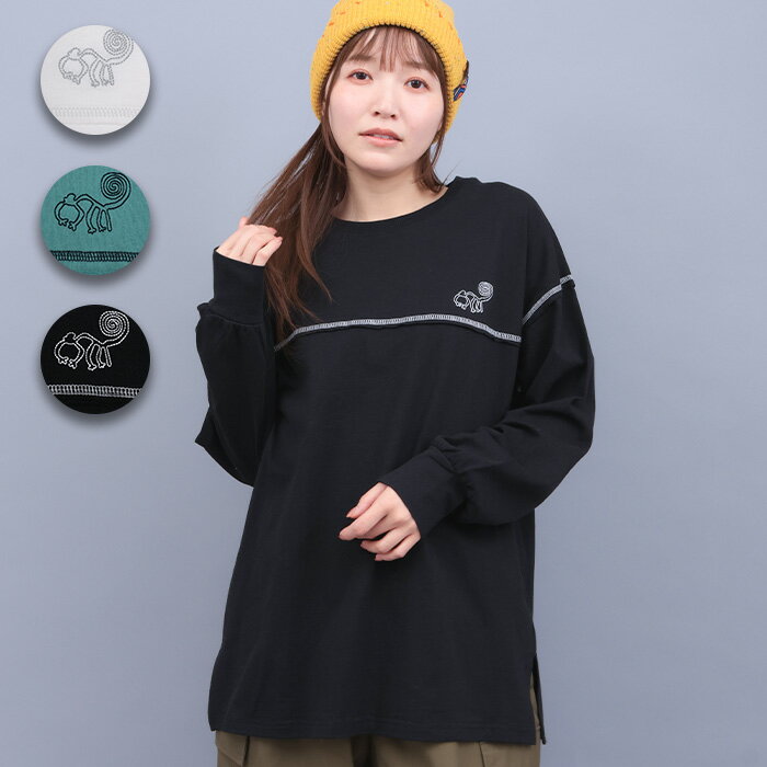 ベーシック刺繍ロングTシャツ ／ ロングTシャツ 刺しゅう レディース 秋 冬 春 長袖 クルーネック シンプル ワンポイント トップス カットソー プルオーバー ホワイト グリーン ブラック ステッチ 白 黒 エスニック チチカカ TITICACA