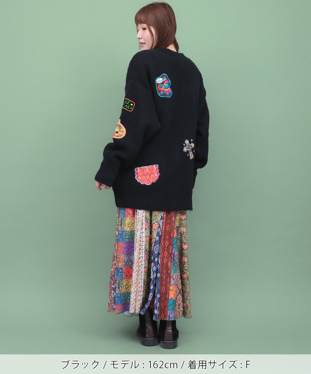 Rico メヒコアップリケ刺繍カーディガン ／ カーディガン ニット ワッペン アップリケ 刺しゅう メキシコ モチーフ フリーダ カラベラ 羽織り はおり ボタン Vネック レディース 秋 冬 長そで ゆったり 黒 ブラック エスニック チチカカ TITICACA 3