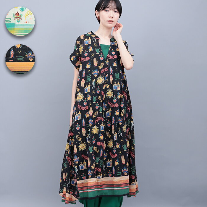 乐天商城 - メヒコモチーフプリントワンピース ／ ロングワンピース レディース 春 夏 半袖 華やか 総柄 メキシコモチーフ スリット 透け感 インド綿100％ コットンボイル 薄手 軽い ライトグリーン ブラック ナチュラル 華やか エスニック チチカカ TITICACA