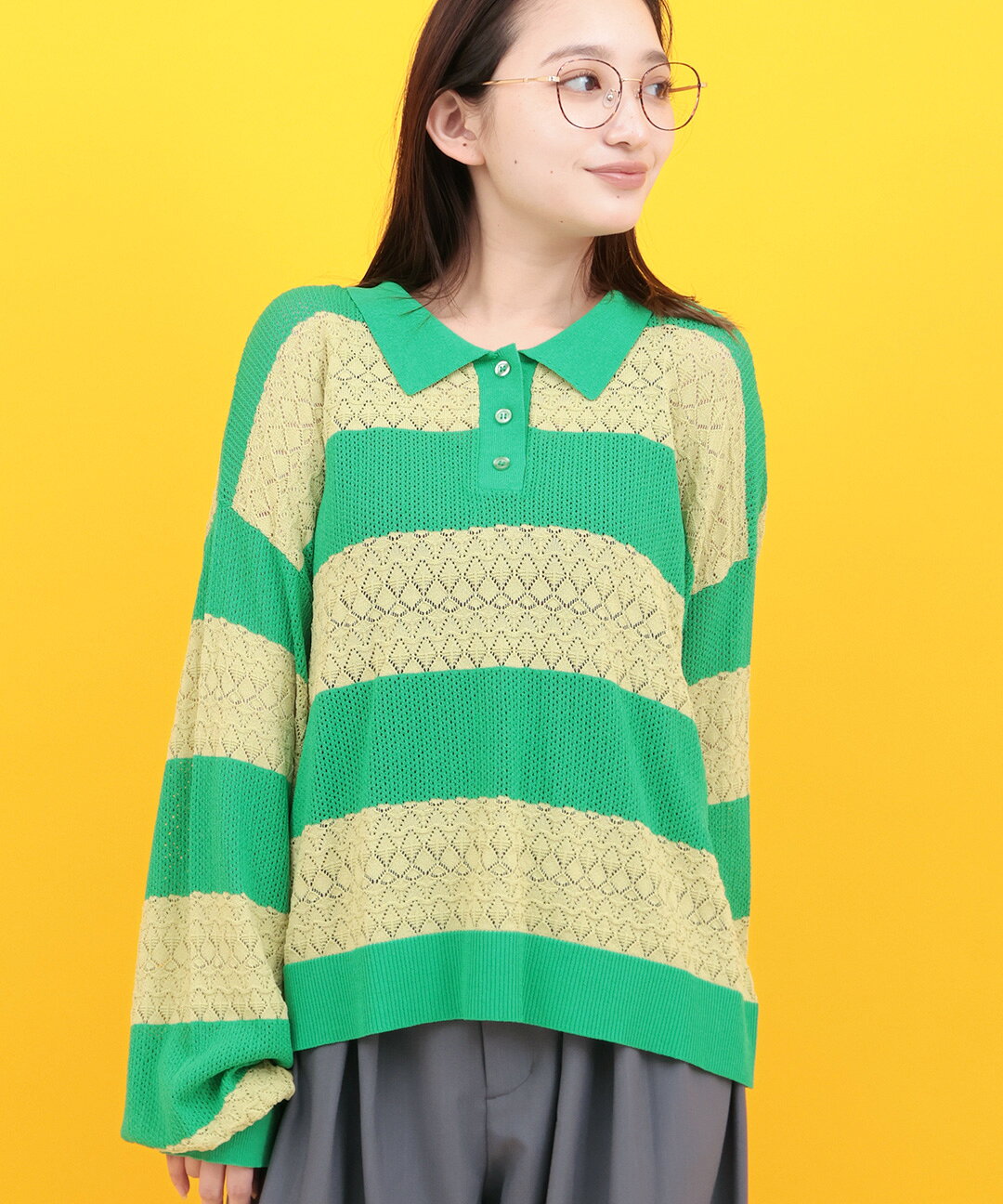 MACHATT マチャット　ボーダーラガーシャツ　グリーン MACHATT / マチャット | ラッフルストライプブラウス | グリーン