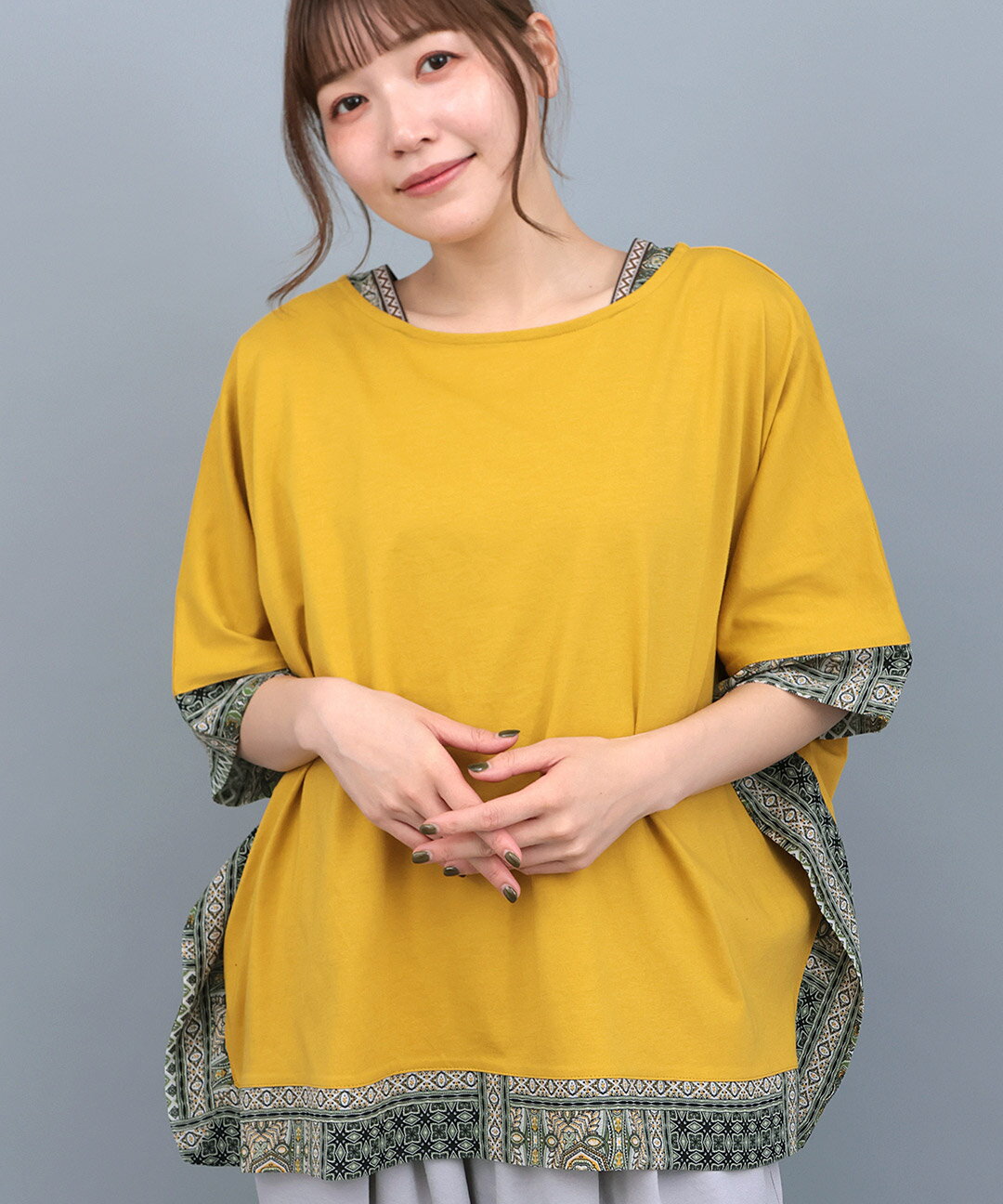 柄切替スクエアポンチョ ／Tシャツ 接触冷感 ポンチョ トップス カットソー プルオ...