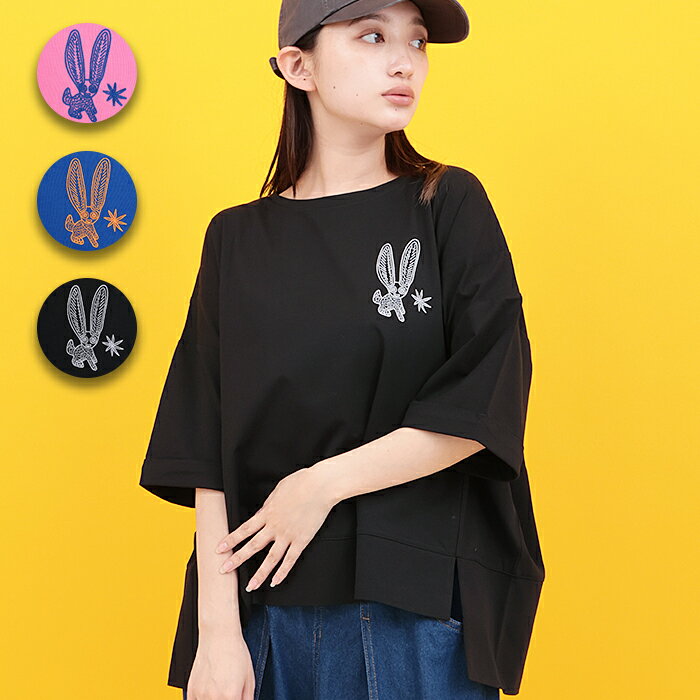 乐天商城 - Orale! アレブリヘ刺繍ワイドTシャツ ／ Tシャツ 接触冷感 ひんやり UVカット 刺しゅう ウサギ メキシコ クルーネック ドルマンスリーブ 半袖 春 夏 ティーシャツ トップス カットソー プルオーバー レディース ブラック ピンク ブルー エスニック チチカカ TITICACA
