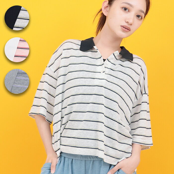 乐天商城 - Orale! シアーボーダーポロシャツ ／ Tシャツ ティーシャツ トップス カットソー プルオーバー レディース ボーダー レトロ シアー ポロシャツ ポロ カジュアル オーバーサイズ ピンク ホワイト グレー 半袖 春 夏 アメカジ ストリート エスニック チチカカ TITICACA