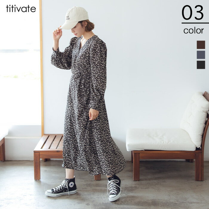 花柄カシュクールワンピース カシュクールデザインが女性らしい ワンピース レディース フレア ロング丈 長袖 Vネック 花柄 プリント ウエストリボン 柄のサムネイル