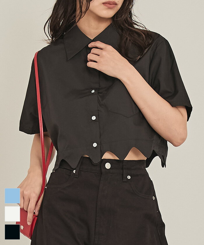 Rakuten - 【店内全品30％OFFクーポン】5/15 23:59まで■ウェーブヘムクロップドシャツ〔メール便可／50〕【miette ミエット】