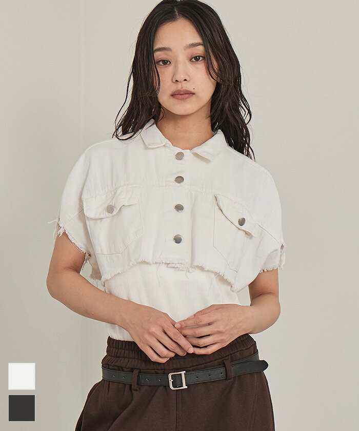 Rakuten - 【店内全品20％OFFクーポン】5/16 1:59まで■半袖クロップドデニムジャケット〔メール便可／100〕【miette ミエット】