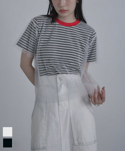 チュールレイヤードボーダーTシャツ〔メール便可/80〕【miette ミエット】 チュールレイヤードボーダーTシャツ〔メール便可/80〕【miette ミエット】