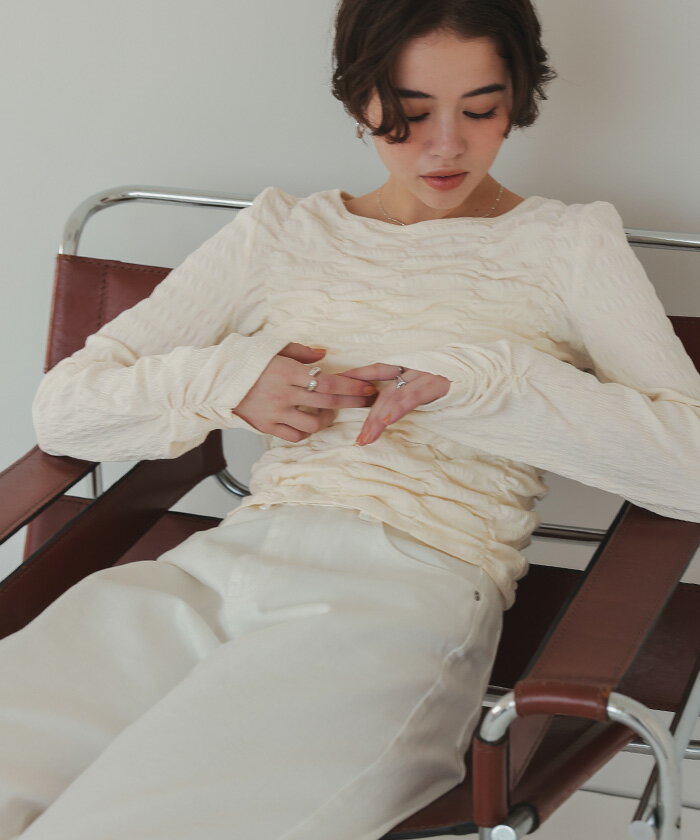 【店内全品20%offクーポン】2/23 1:59まで■ ロングスリーブシャーリングトップス トップス レディース カットソー 長袖 シャーリング クルーネック 無地 柄 ボーダー シンプル