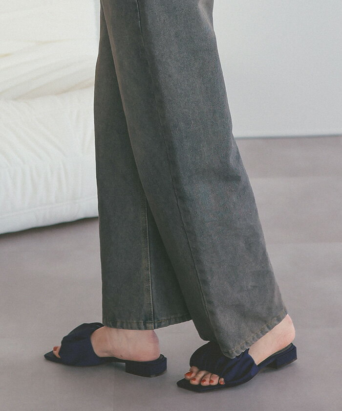 サテンギャザーサンダル シューズ レディース サンダル サテン ギャザー フラット ワイドスクエア スクエアトゥ 大人カジュアル ベーシック シンプル