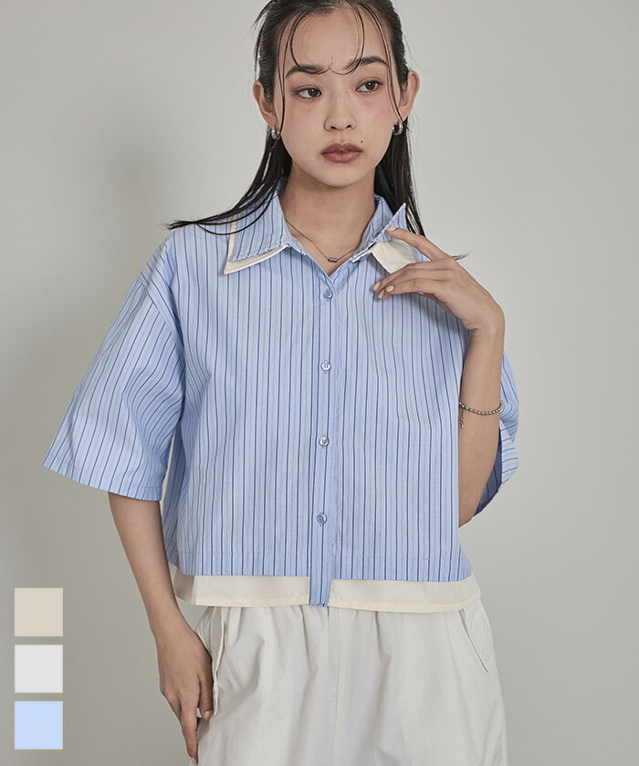 先着100名様【店内全品50％OFFクーポン】5/9 20時～■配色ダブル襟ストライプ半袖シャツ【miette ミエット】のサムネイル