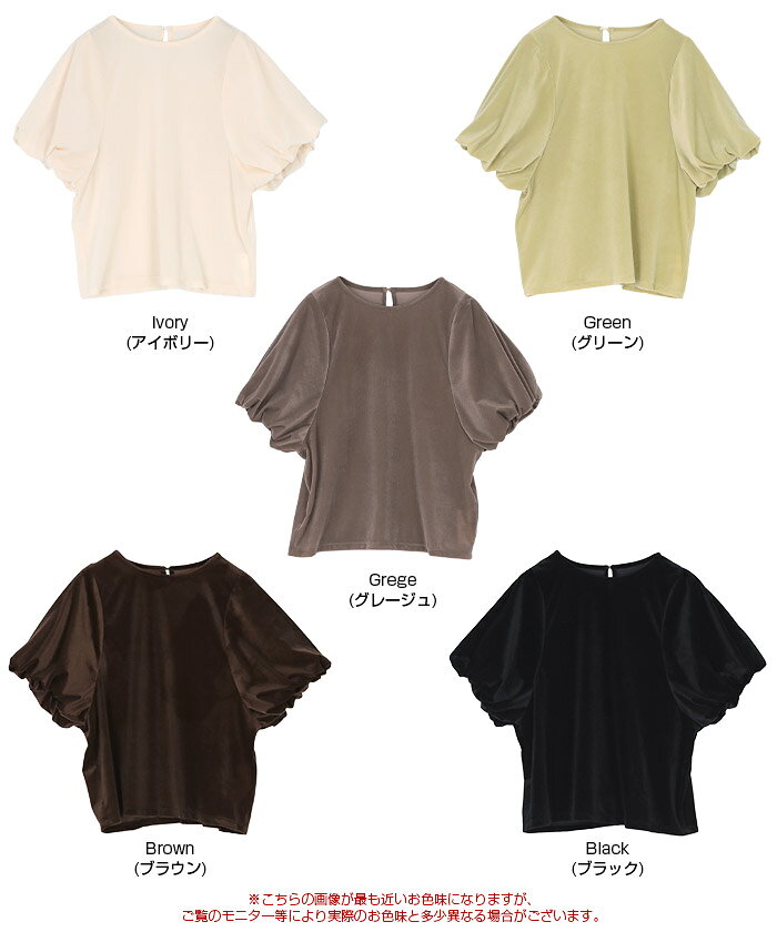 【店内全品20％OFFクーポン】4/1 23:59まで■'シアーベロアバルーンスリーブトップス トップス レディース カットソー クルーネック 半袖 バルーンスリーブ 起毛 光沢 シンプル ショート丈