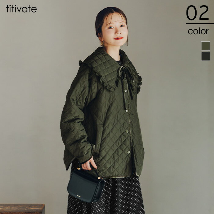 先着100名様【店内全品50％OFFクーポン】11/20 20時～■襟付きキルティングジャケット アウター レディース ジャケット 中綿 ビッグカラー フリル リボン キルティング ミドル丈 ノーカラー 2way ボタン カジュアルのサムネイル