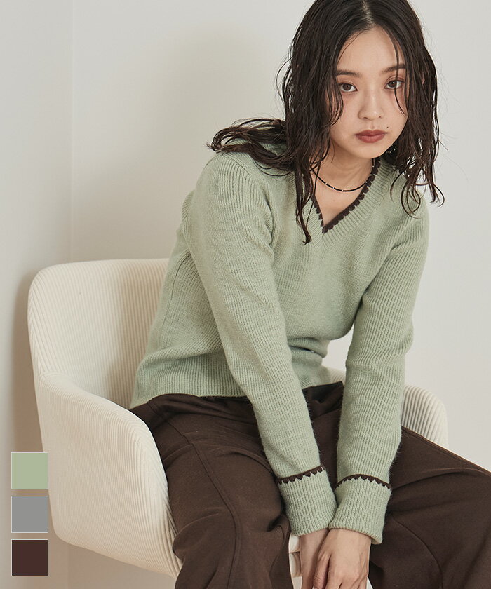 先着100名様【店内全品50％OFFクーポン】12/4 20時～■配色ステッチロールアップニット【miette ミエッ..