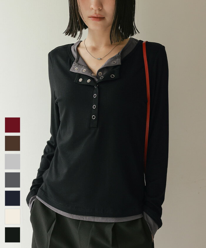 先着100名様【店内全品50％OFFクーポン】12/4 20時～■レイヤード風ヘンリーネックトップス【miette ミエット】