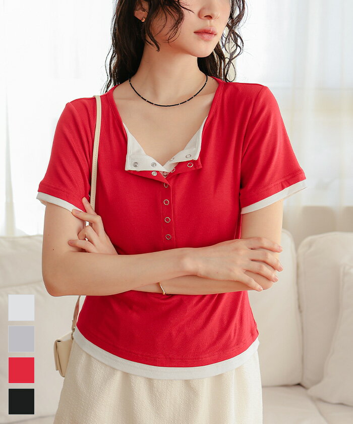 Rakuten - 【店内全品20％OFFクーポン】5/16 1:59まで■レイヤード風ヘンリーネック半袖トップス【miette ミエット】〔メール便可／100〕