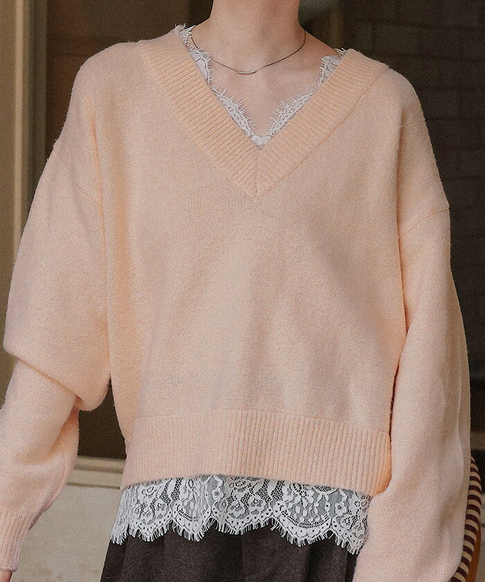 【店内全品30％OFFクーポン】9/4 23:59まで■レースドッキングVネックニット トップス レディース ニット 長袖 レース トレンド レイヤード 大人可愛い カジュアル シンプル ベーシック titivate-10020813 titivate(ティティベイト) サンプル画像3