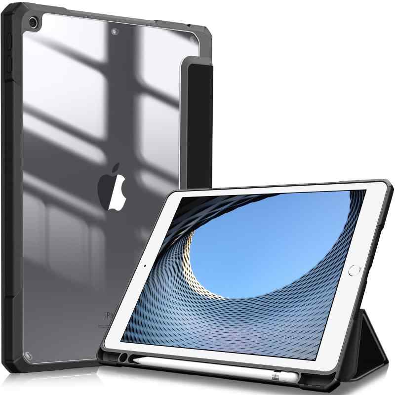 iPad 10.2 ケース iPad 第9 / 8 / 7世代 ケース 2021 2020 2019 透明バックカバー Apple Pencil 収納可能 三つ折スタンド スリープ機能 軽量 薄型 傷つけ防止 PU合成レザー TPU (モデル番号A26