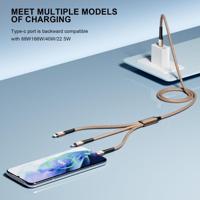 100W 充電ケーブル USB C PD to 3 in 1 ナイロン編組27Wライトニング/100W Type-C /10W Type-C マルチケーブル超高耐久高速同時充電 iPhone 16 15 14 13 12 Pro Max iPad Min