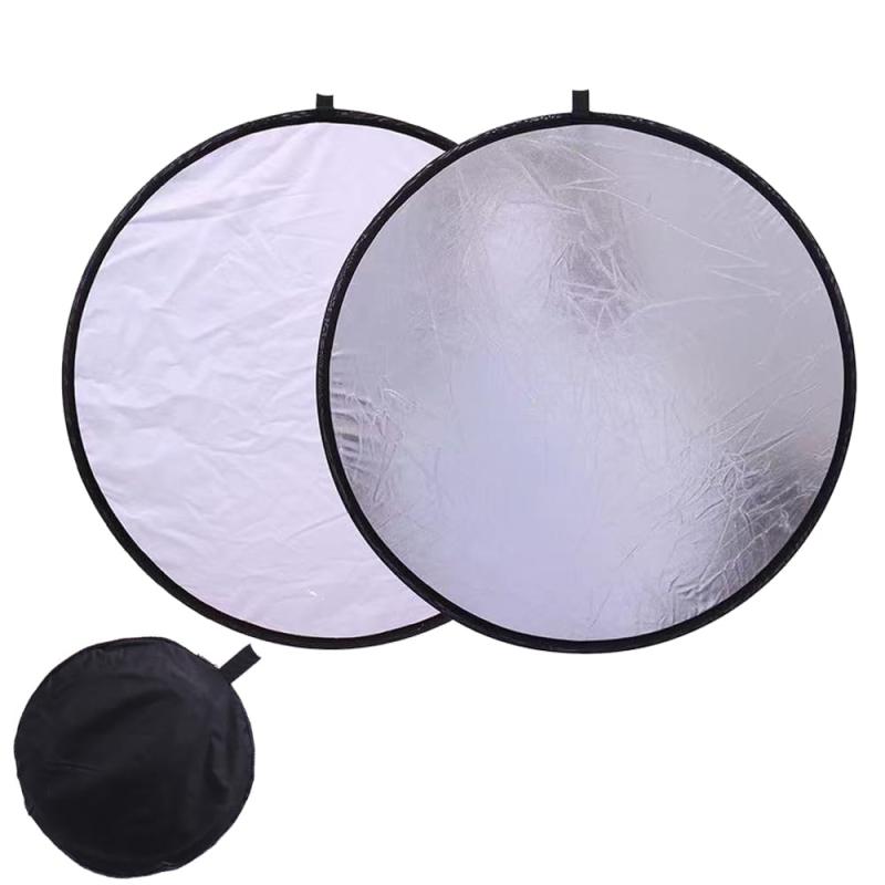 丸レフ板 撮影用 反射板 補光 1枚2役 リバーシブル 撮影機材 銀＆白 直径80cm 折りたたみ可能 レフ板(2)