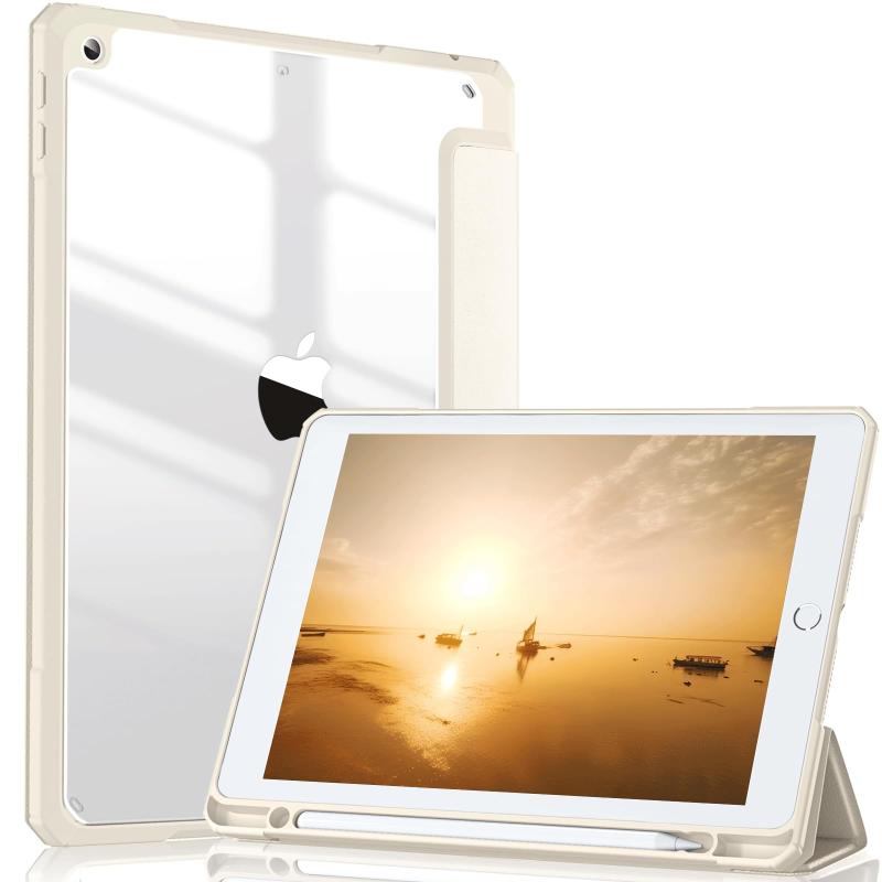 対応iPad 9世代 ケース 2021 第8/第7世代 カバー 2020/2019対応 クリア 透明 アクリル ペンホルダー付き スタンドケース 軽量 薄型 裏全透明 三つ折りスマート オートスリープ機能 10.2インチ