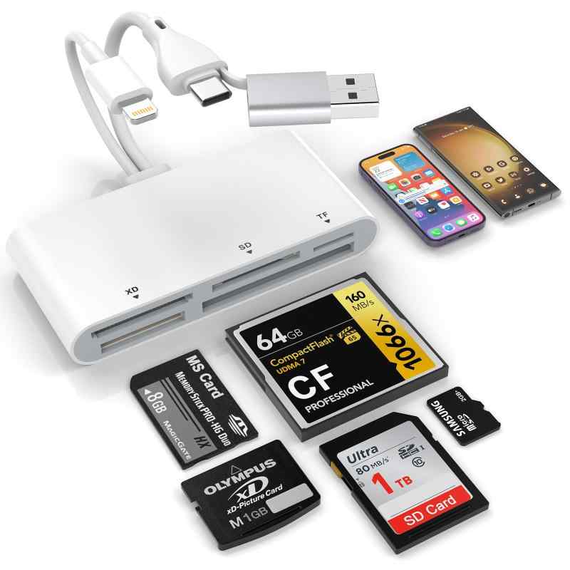 カードリーダー SD/TF(Micro SD)//XD/CF カードリーダー OTG対応 高速 双方向転送 設定不要 iPhone 16-15, iPad, MacBook Pro, Samsungに対応