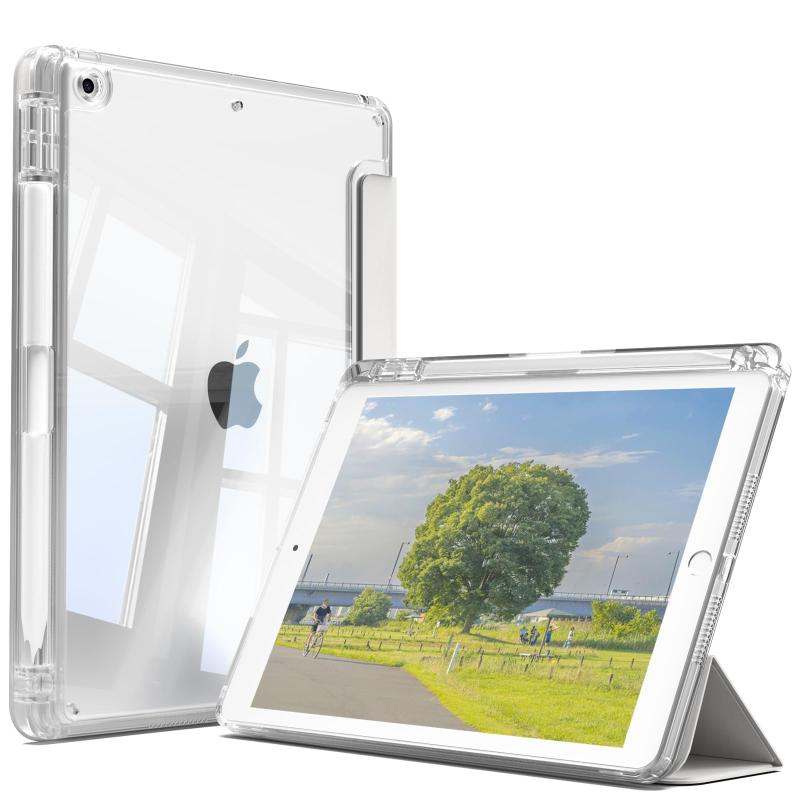 iPad 10.2 ケース iPad 第9 / 8 / 7世代 ケース 透明ღ「対応機種」iPad第9世代 2021(A2602、A2603、A2604、A2605)/iPad 第8世代 2020(A2270、A2428、A2429、A2430)/iPad 第7世代 2019(A2197、A2198、A2200) 10.2インチ専用です。 その他の型式に適用されません。ご購入前、お持ちのiPadのモデル番号をご確認いただきます。ღ「透明デザイン＆柔らかい素材」柔軟なTPUフレームと透明なPCハードバックカバーで作られ、汚れや傷つけなどを防止できるだけでなく、iPad本体の色と美しさも活かせます。また、お好みで写真やステッカーなどをデバイスとケースの間に入れて、マイスタイルケースが創ります。 (ご注意：透明バックカバーの前後には保護用のフィルムがついていますので、ご使用前に保護フィルムを剥がしてください。)ღ「オートスリープ機能」ケースの開閉より自動的にウェイク・スリーブになるスマートなオートスリープ機能がついており、バッテリーの消耗を減少し、待機時間の延長には一役を立ってくれます。 (オートスリープの設定方法：「設定」の「画面表示と明るさ」から「ロック/ロック解除」をオンにします。)ღ「Pencil収納可能」便利なペンホルダーがあるので、ペンシル紛失せずご安心利用頂けます。収納や持ち運びに便利で、落ちる心配はいりません。いつでもどこでもiPadを快適に使えます。 (ご注意：当該商品はケースだけで、iPad本体やPencilなどがついていません。)ღ「2Way スタンド機能」動画鑑賞や文字入力などに最適な2通りのスタンドになります。iPadを立てて使用する際にしっかりサポートし、安定した角度を維持したまま快適にご利用いただけます。