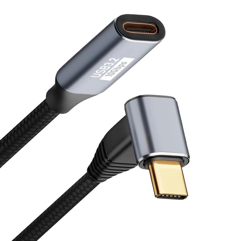 Type C 延長ケーブル L字 USB-C & USB-C 延長 USB3.2 Gen2(10Gbps) 100W急速充電 4K/60Z ナイロン編みMacBook、iPad、Sface、Xperia、Galaxy、Pixel等タイプC機種対応