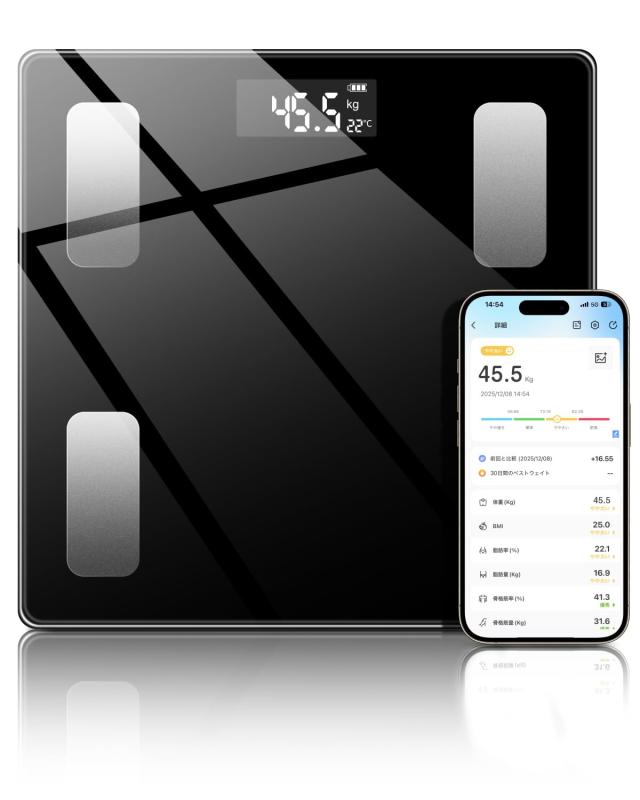 体重計 体脂肪計 Bluetooth スマホ連動 ヘルスメーター 対組成計 体脂肪率 高精度 180kgまで対応 ボディスケール 強化ガラス コンパクト 軽量アプリ対応/体脂肪率/体脂肪量など超薄型デザイン＆スマート連動で日常を快適に厚さ2.1cmのスリムボディが収納ストレスを解消。Bluetooth接続でシームレス同期、測定データは自動でアプリに連携。過去のデータを比較分析できるため、効果的な健康プランが作成可能。浴室のわずかな隙間にも収納できるコンパクト設計で、毎日の測定が習慣化します。多機能ヘルスメーター業界クラスの測定精度を実現。体重測定は50g単位、体脂肪率は0.1%刻みで細かな変化もキャッチ。10秒間の自動計測で、立つだけで内臓脂肪レベル・骨密度・基礎代謝など16種類の健康指標をワンタッチ取得。大型LEDディスプレイで数値がくっきり表示、高齢者でも視認性抜群。180kgの重量対応で家族全員の健康管理を一台でカバー。家族全員対応の耐久設計＆高精度センサー180kgまで耐荷重の強化ガラス平台で、あらゆる体型を安心測定。アプリで最大15人までのプロファイルを管理可能で、家族の健康データを個別に記録。測定後は自動シャットダウンで電池交換の手間を軽減。測定後は10秒で自動電源オフ、面倒な操作なしで省エネを実現。高精度体組成計で健康管理をスマートに180kgまで対応の高耐久設計で、あらゆる体型を正確に計測。Bluetooth接続によりスマホと連動し、体重・体脂肪率など16項目の体組成データを自動記録。毎日の変化をグラフ化して健康トレンドを把握できるため、ダイエットやトレーニングの効果測定に最適。薄型デザインで収納場所を選ばず、浴室近くの狭いスペースにもすっきり配置可能。プロ仕様のデータ管理で目標達成をサポート専用アプリが測定データを分析し、最適な健康プランを自動提案。体組成の変化をグラフで可視化、筋肉量増加や体脂肪減少の進捗を実感できます。測定履歴はクラウド保存で紛失防止。10秒の高速測定で朝の忙しい時間もストレスフリー。
