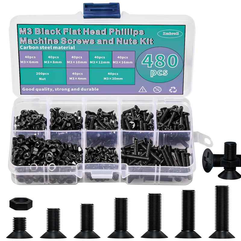 樂天商城 - 480枚M 3平頭機ネジ黒十字ボルトナットセットM 3 x 4 mm/6 mm/8 mm/10 mm/12 mm/16 mm/20 mm