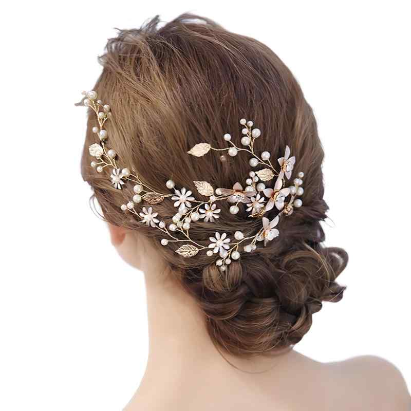 乐天商城 - 髪飾り 花 パール 花かんむり リボン ホワイト ヘッドドレス クリスタルビーズ 花冠 アクセサリー 結婚式 (ゴールド)