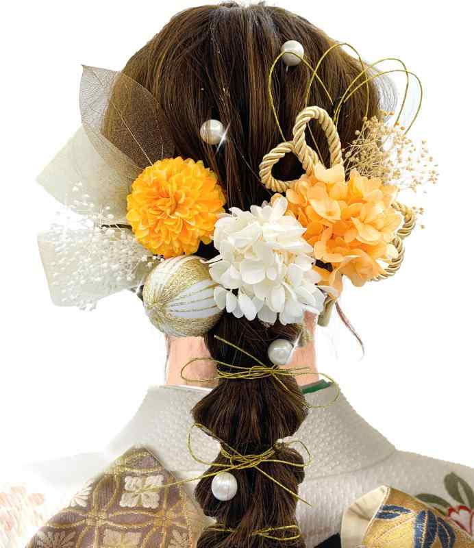 [] 成人式 髪飾り ドライフラワー 8色展開 卒業式 振袖 着物 袴 和装 花 紐 結婚式 ゴールド 赤 白 金箔 葉 A15700