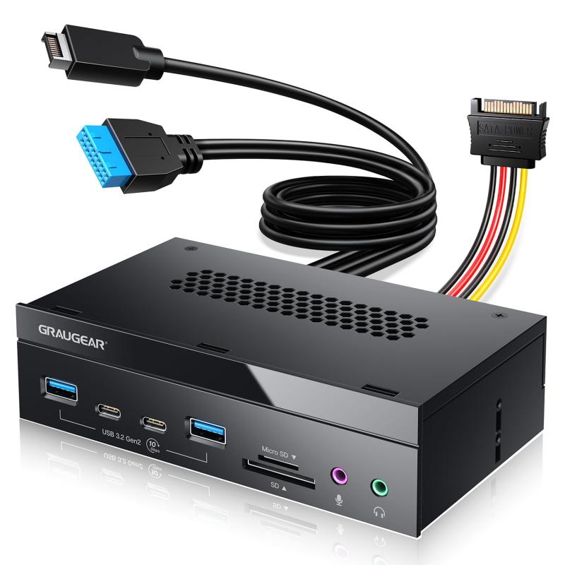 5.25インチ USB 3.2 PCフロントパネルカードリーダー｜オーディオポート付き｜SD/microSD内部カードリーダー｜USB3.2 Type-E Key-A 20ピンヘッダー＆USB3.0ヘッダー＆15ピンSATA電源コネクタ必要