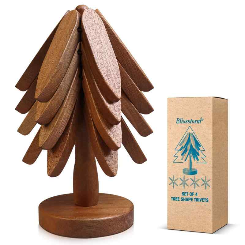 2025年木製ツリーデザイン鍋敷きセット – クリスマスツリー型収納スタンド付き、エレガントなキッチン..