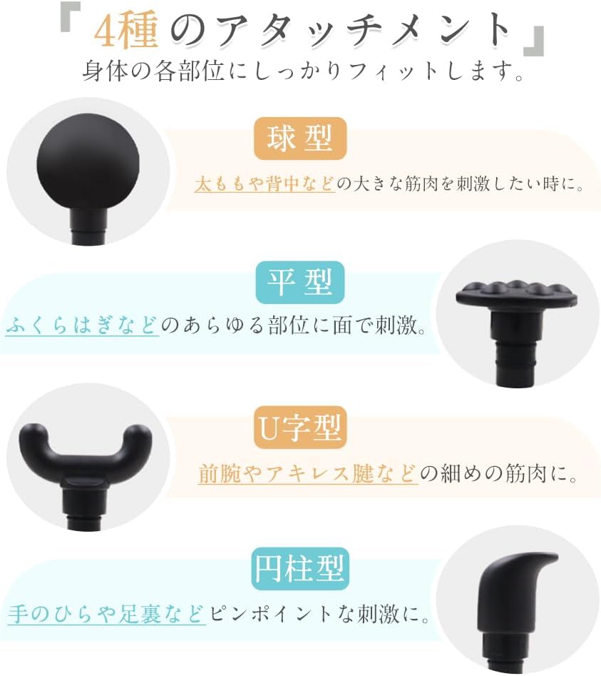 cocoluna31の筋膜リリースガン ハンディガンMINI 4段階強力振動 4種類アタッチメント Type-C充電式 コードレス 静音 軽量 380g 小型ミニ｜アングル2