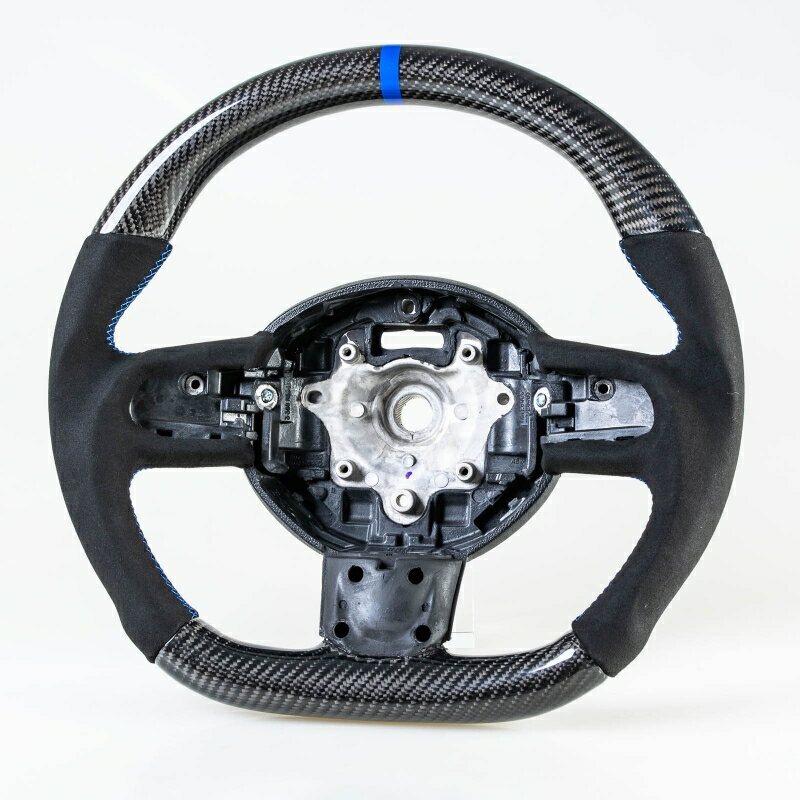 ミニ用 R55 R56 R57 R58 R59 R60 R61用 D型 ステアリング ホイール ハンドル カーボン×本革スエード×ブルー輪デザイン【___OCS】