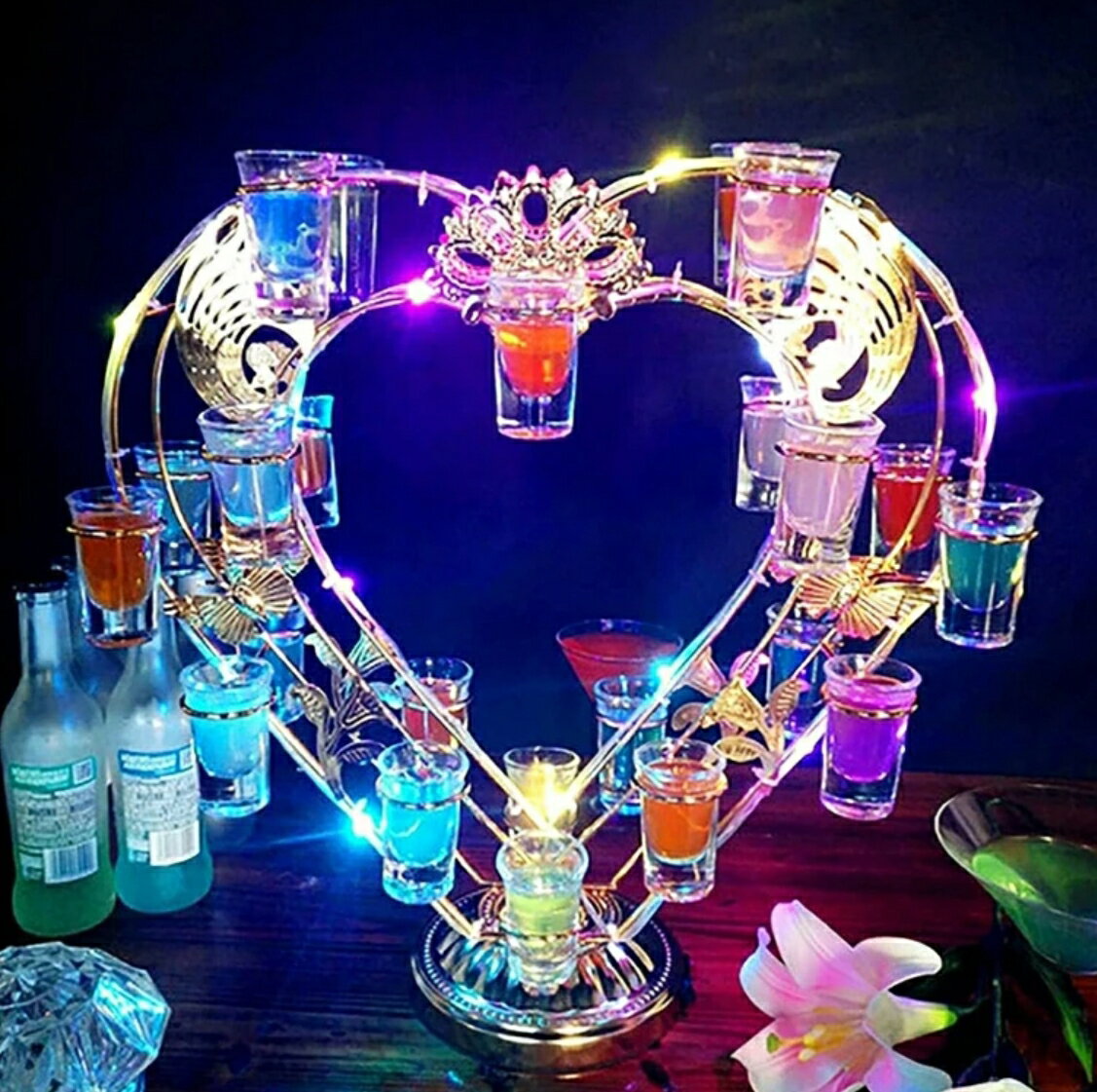 LED酒グラス棚 ハート型 テキーラ観覧車 酒カップホルダー 酒グラススタンド LEDランプデザイン 卓上自..
