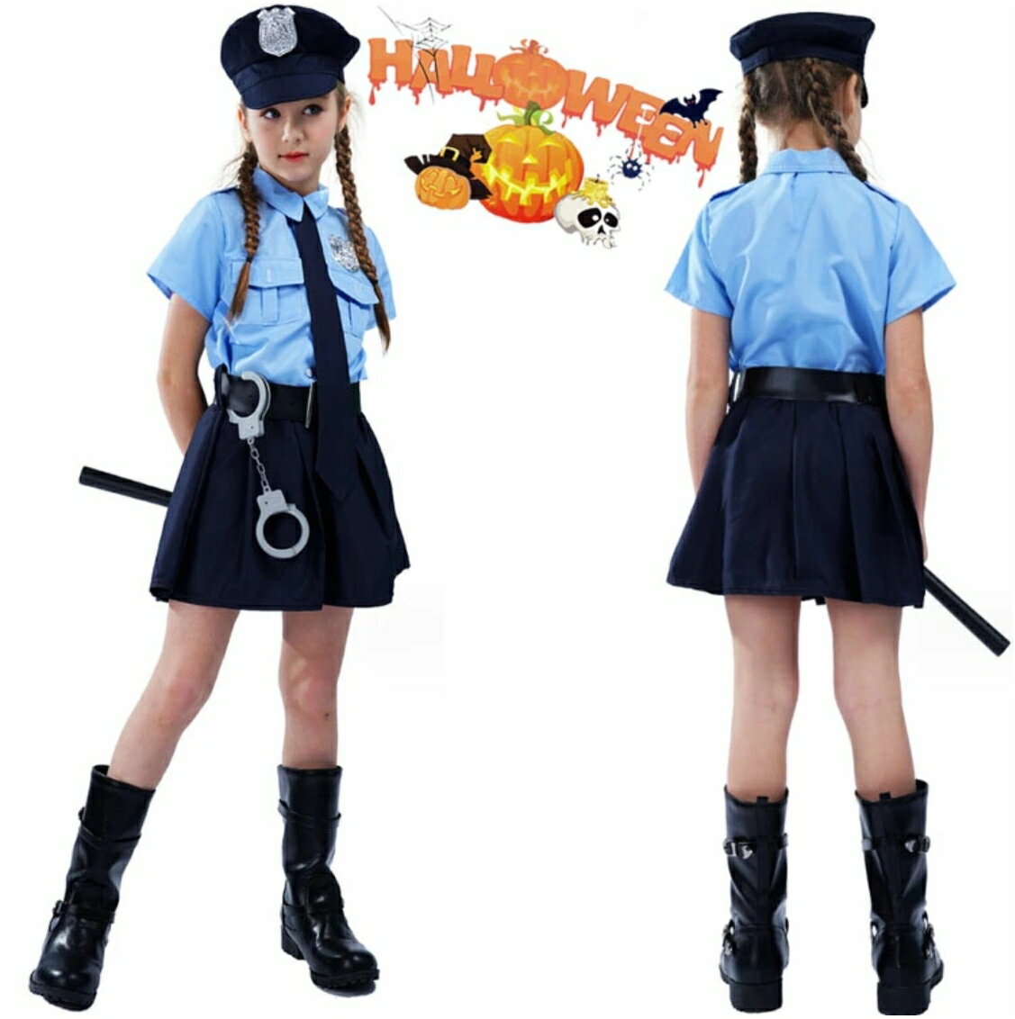 【限定割引 10%OFFクーポン】ハロウィン衣装 女の子 子供 コスプレ 女の子 ポリス 警察制服 可愛い キッズ用 コスチューム ハロウィーン仮装 ワンピース 仮装 変装 子供用 ジュニア ハロウィン パーティー 衣装 万聖節 警察官 コス 110cm 120cm 130cm 140cm 150cm