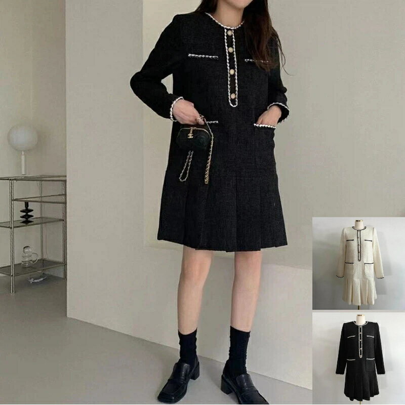 樂天商城 - 韓国インスタ人気！早春フレンチオールドマネー千金風～レトロ配色トリミングツイード キャバガール風プリーツワンピース