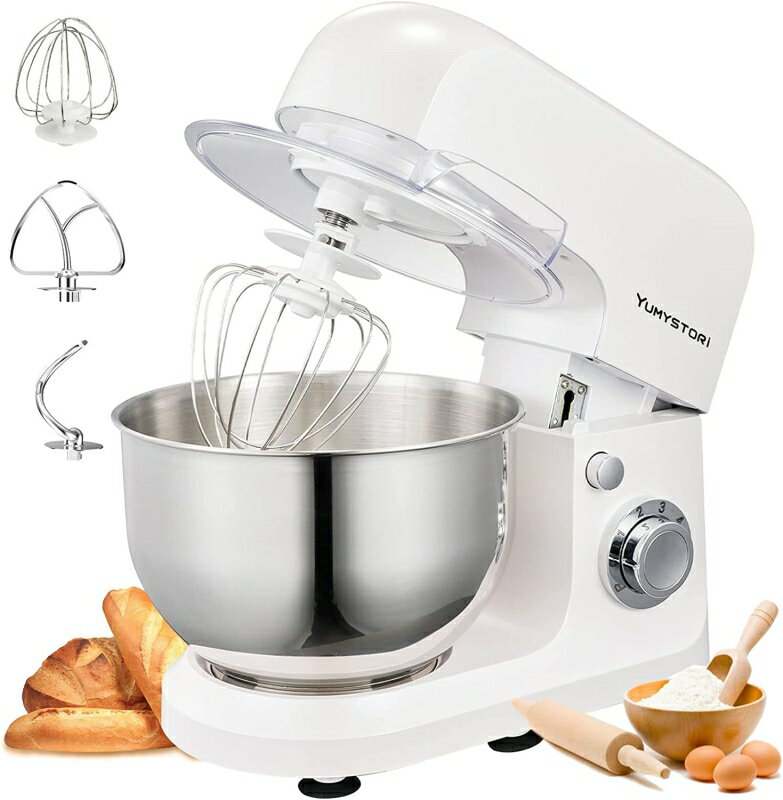 Bread Making Sets - スタンドミキサー ミキサー 卓上型ミキサー 攪拌機 ボウル容量4L 3種類アタッチメント付き 6段階のスピード調節機能 一台三役 「練る」「混ぜる」「泡立てる」注入用カバー付き 家庭用 手作り パン作り お菓子作り ホワイト【送料無料】【動画】