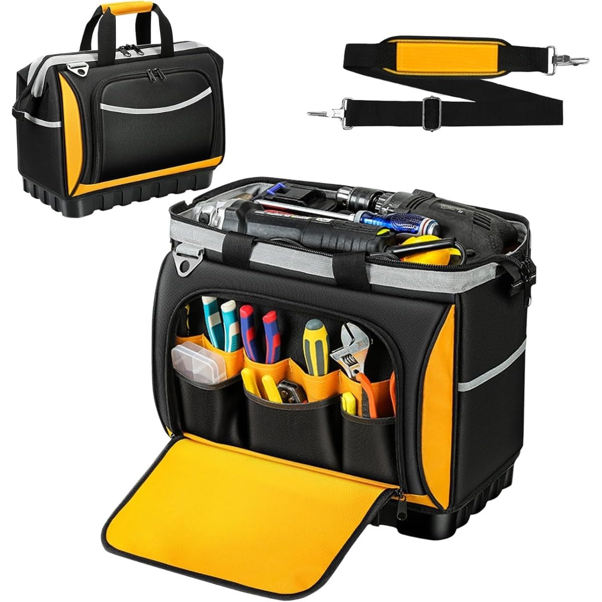 乐天商城 - ツールバッグ 工具バッグ 工具袋 道具袋 工具差し入れ 工具収納 大容量 大口収納 肩掛けベルト付き 25ポケット付き 自立 収納バッグ 電気 1680Dオックスフォード工具収納ベルトバッグ