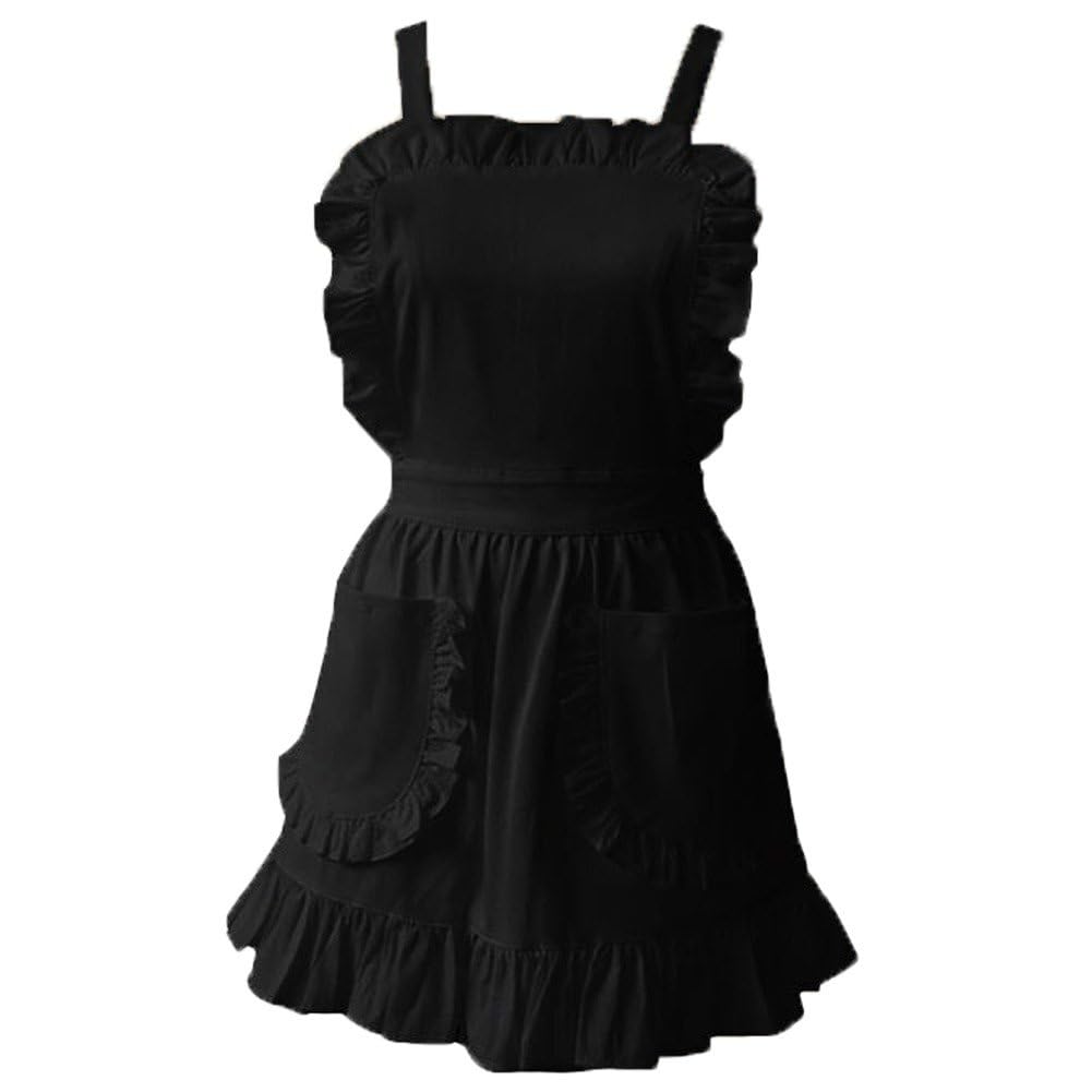 Gingham Aprons - メイド風 フリル レトロ エプロン 無地 調節可能 キッチン ベーキング用 アクセサリー コスチューム ダブルポケット