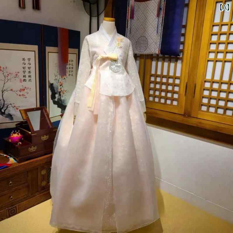 樂天商城 - 韓服 レディース 女性用 チマチョゴリ 宮廷礼服 演出服 舞台衣装 イベント フォーマル 写真撮影 高級感 エレガント 華やか ライトグリーン ゴールド ホワイト メッシュ素材