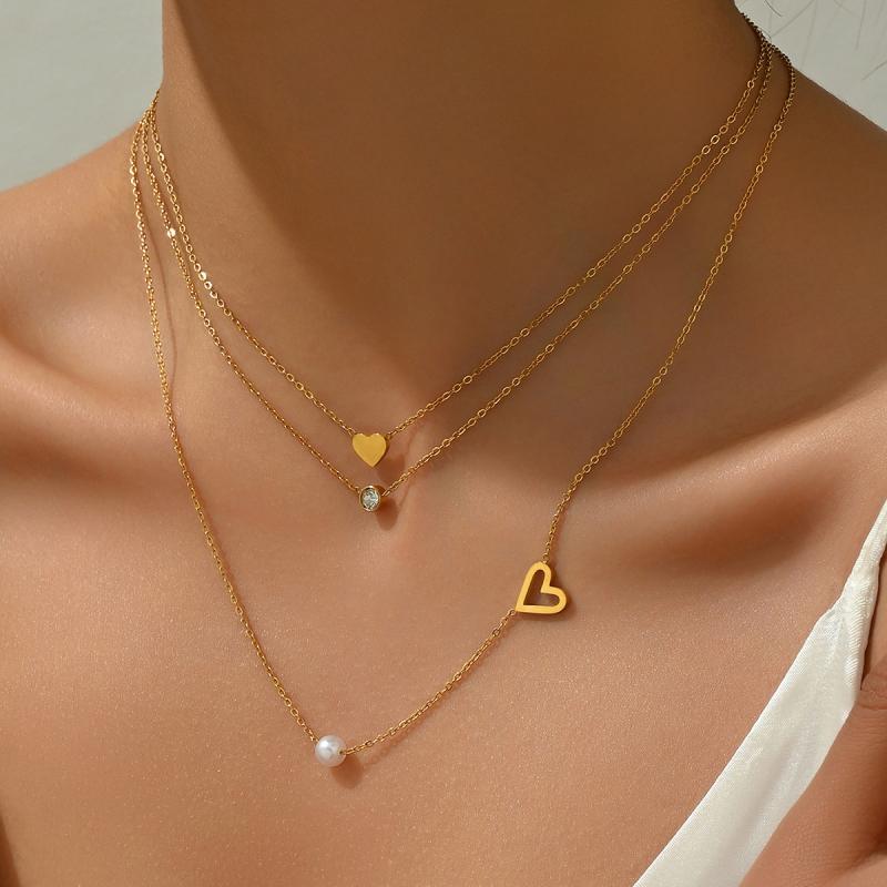 Rakuten - ネックレス レディース 欧米風 インスタ風 シンプル 18K金 ステンレス ハート パール ジルコニア 鎖骨 三連チェーン レイヤード ゴールド シルバー 秋冬 オフィス 通勤 高級感