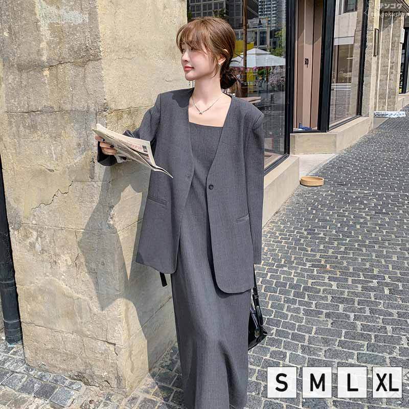 乐天商城 - ワンピース スーツ 韓国風 セットアップ レディース スーツセット グレー 30代 40代 S M L XL 2点セット 上下セット おしゃれ 体型カバー 通勤 OL フォーマル 結婚 卒業式 入学式