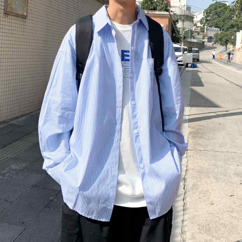 Rakuten - シャツ メンズ 男性用 ブルーストライプ 長袖 薄手 襟付き ゆったり オーバーサイズ カジュアル こなれ感 トップス 羽織り 軽やか素材 普段使い 通気性 春夏